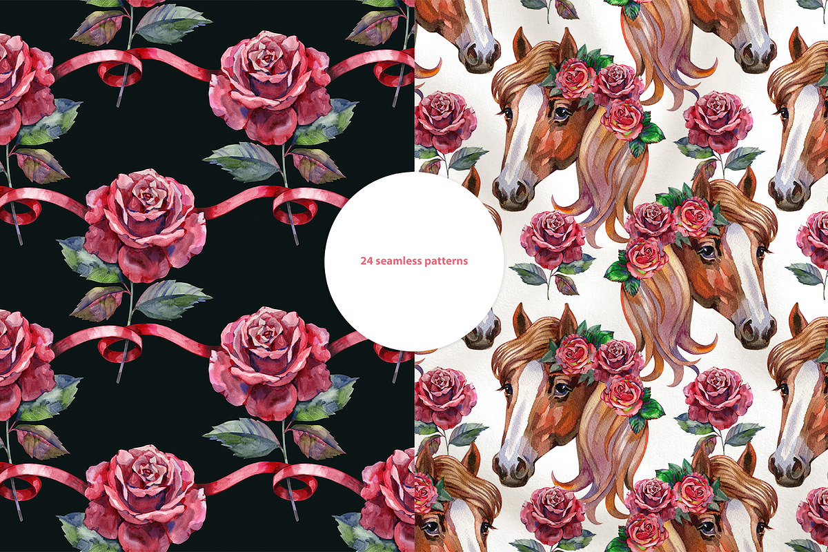 Roses and Horses Watercolor Cliparts, an Animal Illustration by NataliMiasStore (Photo 8 of 8)