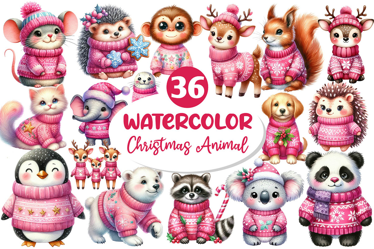 Pink Animals Christmas Clipart, an Illustration by Dream Creation (Photo 1 of 7)