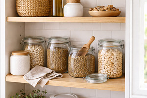 Kitchen pantry shelves with jars of, a Photo by Dvoevnore photos