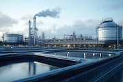 A modern industrial oil refinery at dusk, featuring large storage tanks, pipes,, an Industrial Photo by Textures & Backgrounds (Thumbnail 2 of 2)