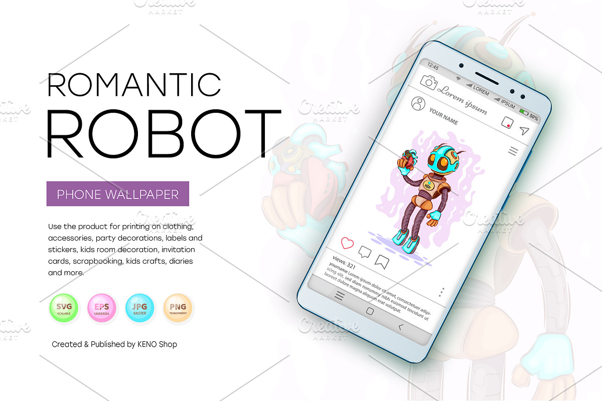 Romantic cartoon robot, Tshirt, PNG., an Animal Illustration by KENO Mascots (Photo 4 of 6)