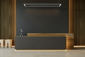Modern reception desk interior. 3D R, an Architecture Photo by TONTECTONIX