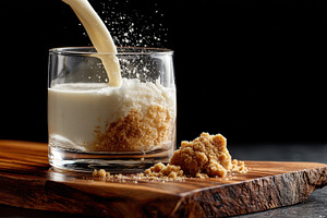 Milk pouring into glass with brown s, a Photo by Pixeness Studio
