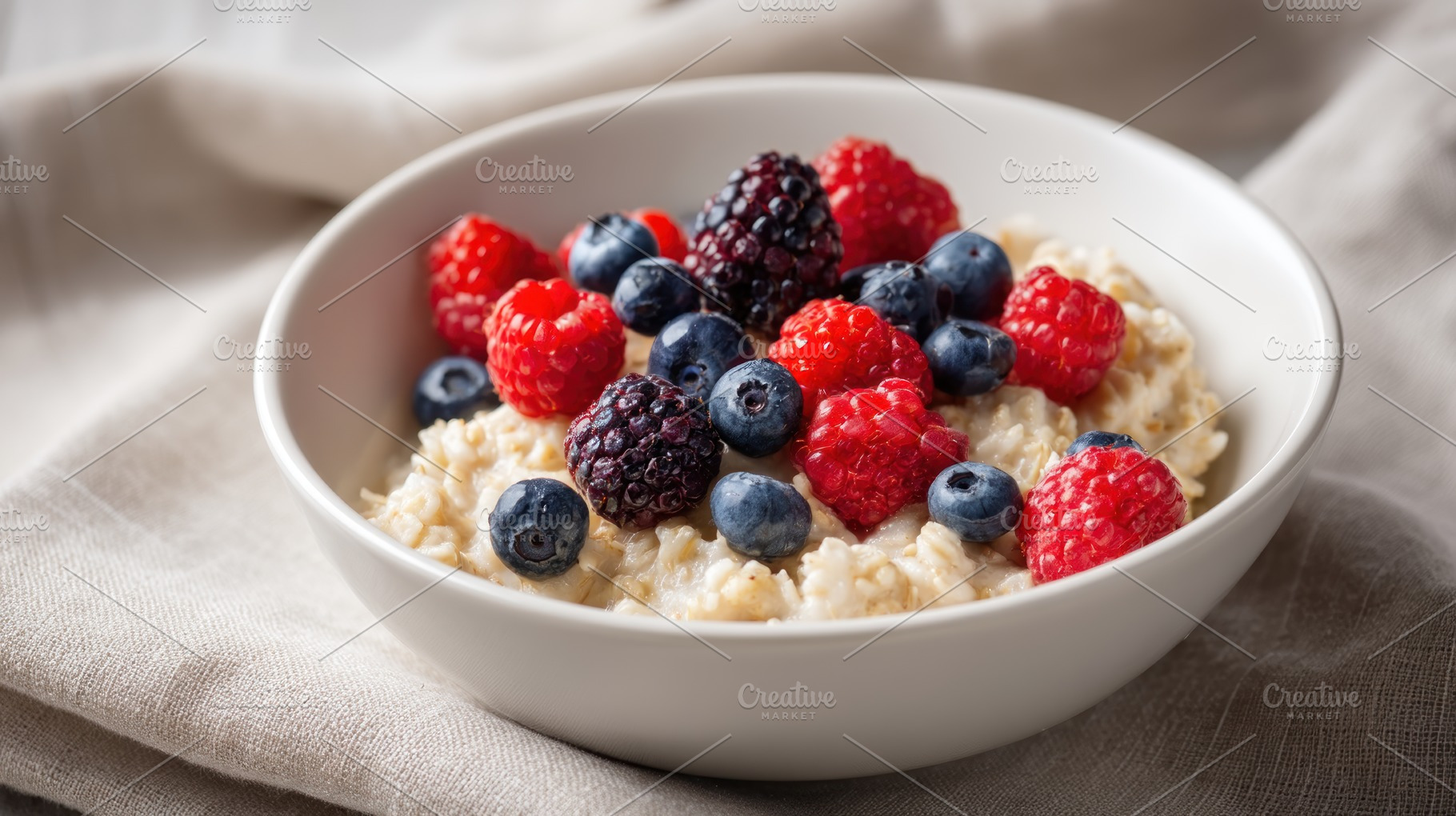 Healthy breakfast bowl with oats and fresh berries including ras, a Beauty & Fashion Photo by José Manuel Gelpi
