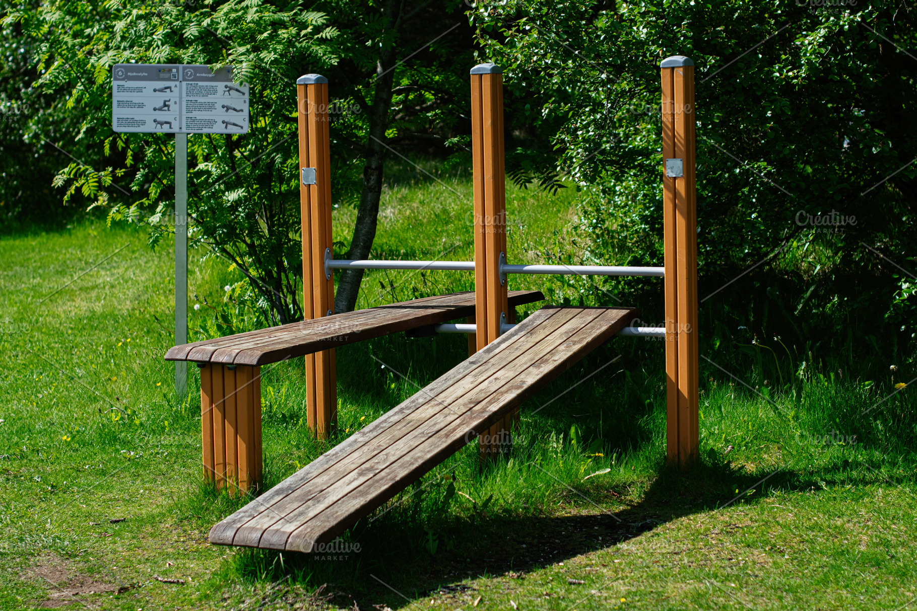 Outdoor fitness equipment in a park setting in Akranes, Iceland, a Photo by AS photostudio