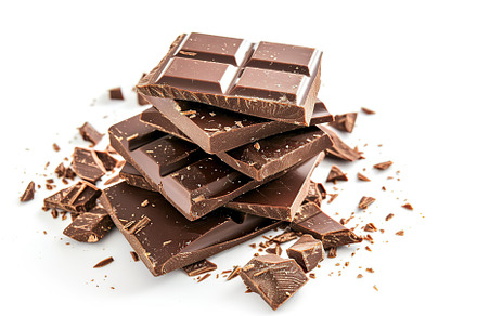 Milk chocolate pieces on white background, a Food & Drink Photo by AlyaAnd