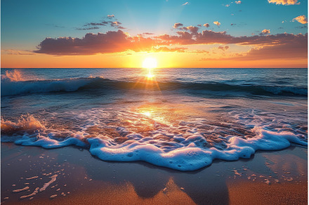 Serene beach sunrise with ocean, a Nature Photo by Ylivdesign