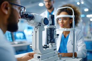 Diagnostic machine scans patient for eye examination in a modern clinic setting, a Technology Photo by AlyaAnd