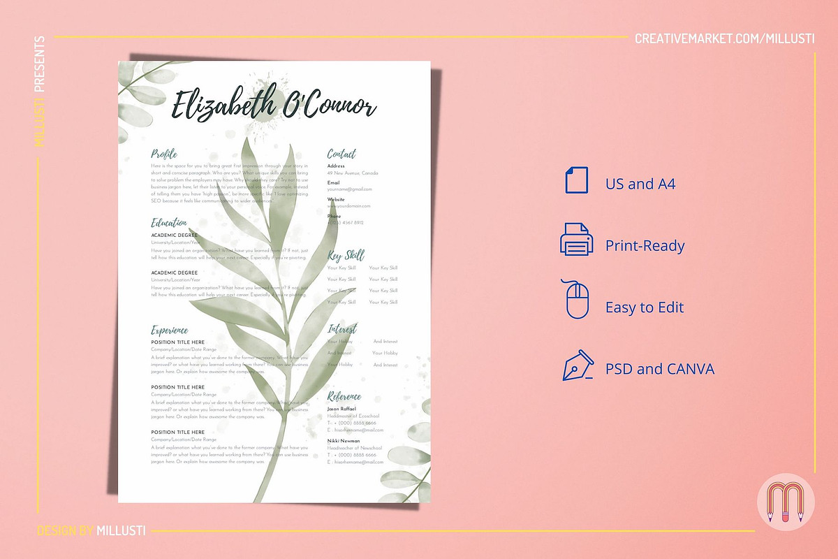 Minimalist Greenery Resume Canva Tem, a Resume Template by Millusti (Photo 6 of 7)