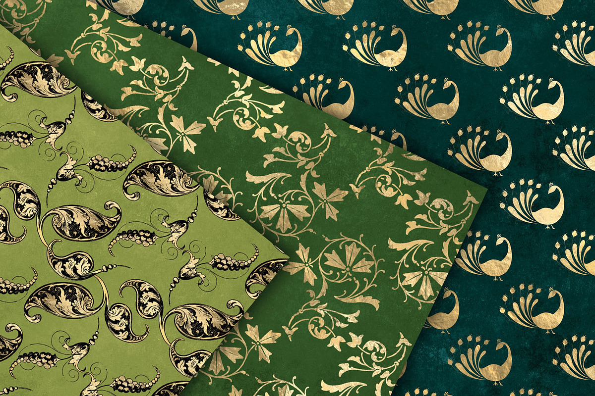 Emerald Peacock Digital Paper, a Pattern Graphic by Digital Curio