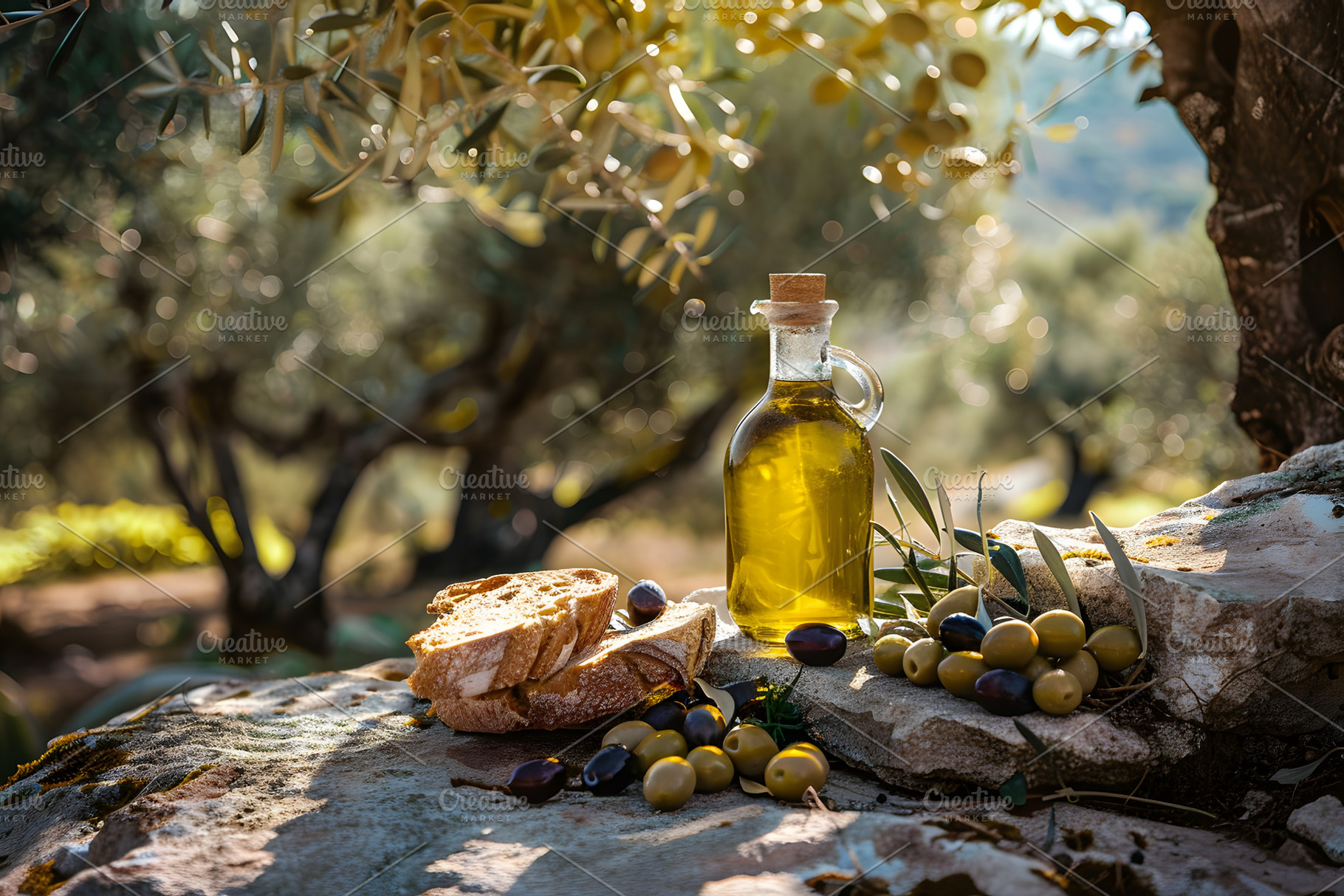 homemade bread and a bottle of olive, a Food & Drink Photo by OlgaPilnik