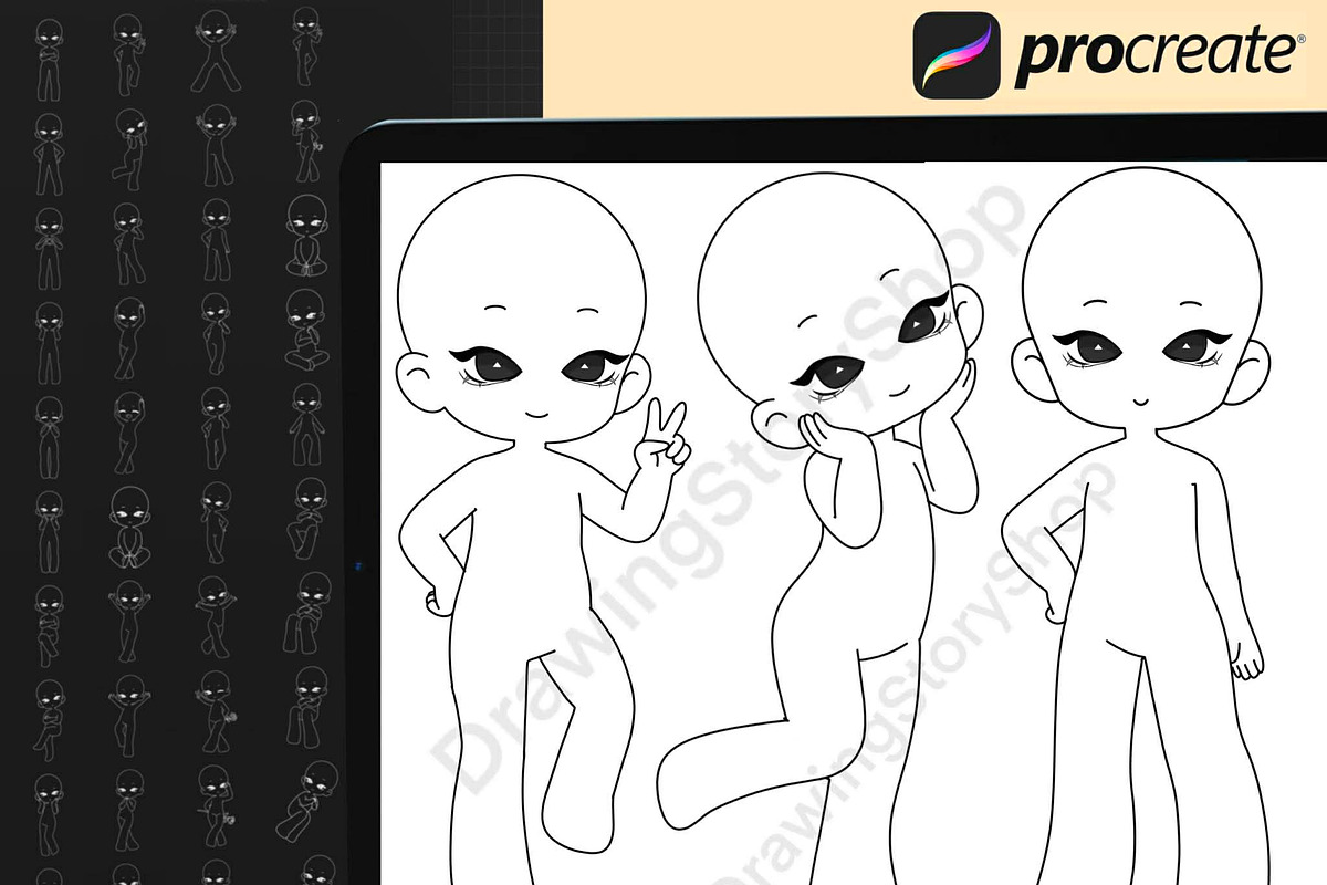 70 Procreate Chibi Poses Stamp Brush, a Brush Add-On by DrawingStoryShop