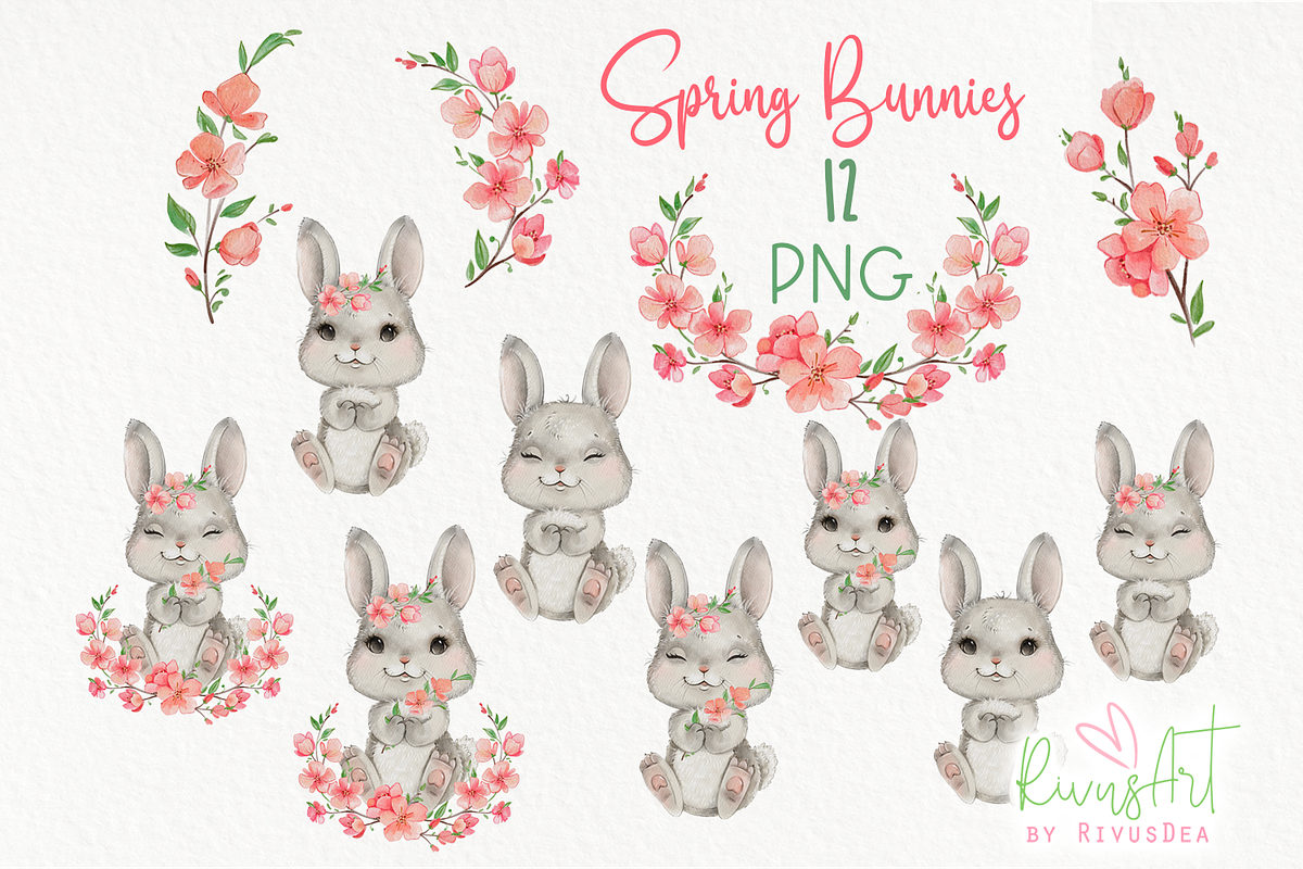 Cute watercolor bunny PNG clipart, an Illustration by RivusArt (Photo 2 of 3)