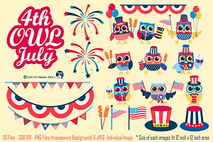 OWL July Digital Clip Art, a Seasonal Illustration by Cozy Cat Design