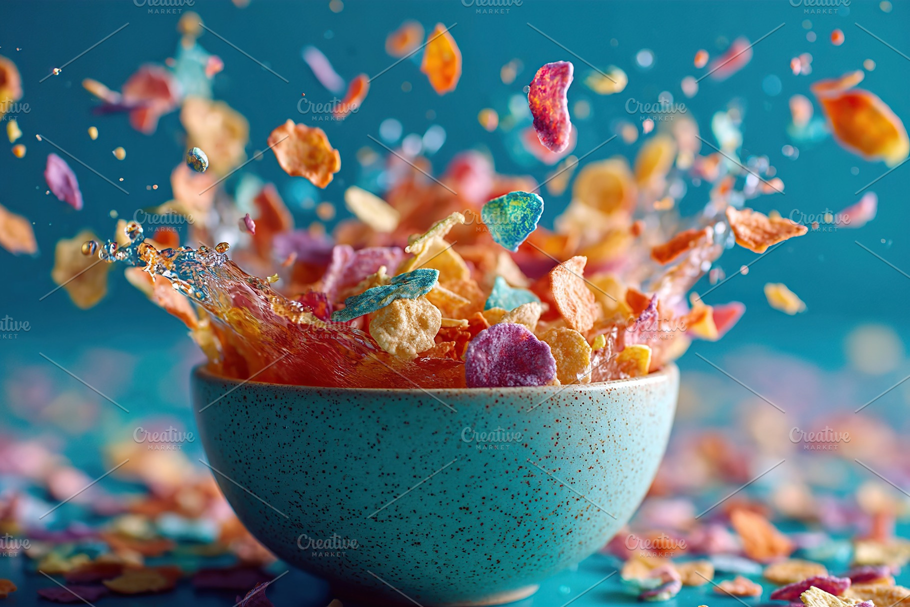 Multicolored cereal flakes splashing in a bowl create a vibrant breakfast setti, a Food & Drink Photo by AlyaAnd