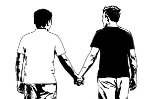 Back view of two men holding hands outdoors, a Person Photo by DanFLCreativo