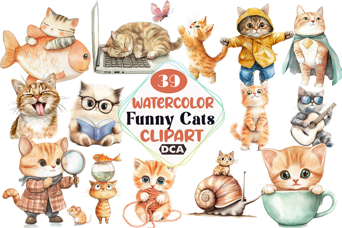 Watercolor Funny Cats Clipart, an Illustration by DreamCafeArt (Photo 1 of 3)