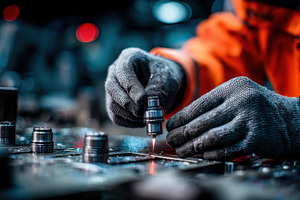 Worker using precision tool on metal, a Photo by Pixeness Studio