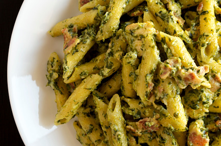 Homemade One-Pot Chicken Spinach Bacon Alfredo Pasta on a plate, a Food & Drink Photo by LiudmylaChuhunova