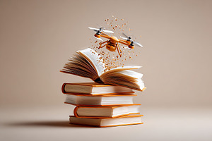 A drone hovers above stacked books, showcasing creativity and innovation, a Photo by AlyaAnd