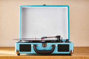 record player on wooden desk