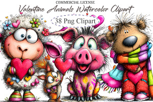Valentine Animals Watercolor Clipart, an Illustration by designcity5