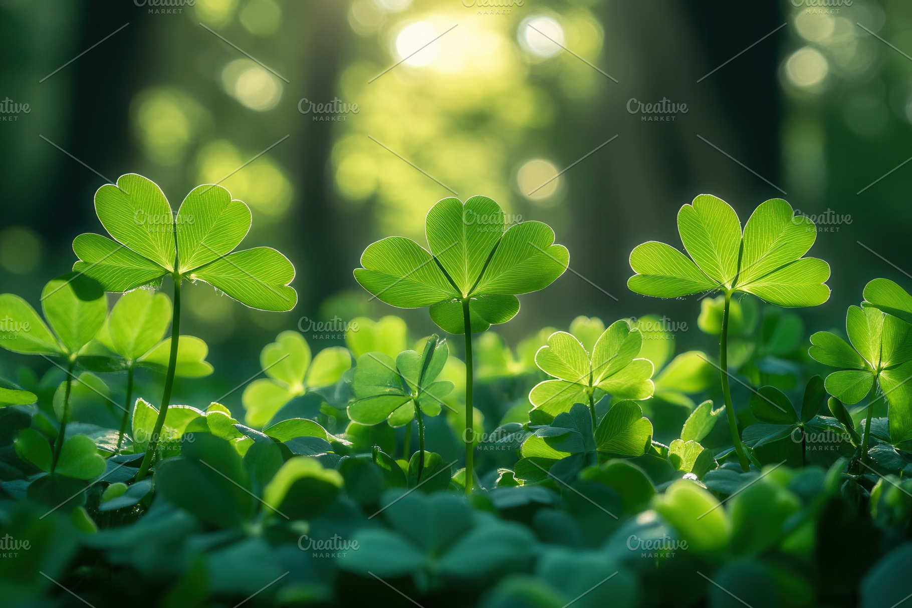 Green clover plants growing in soft, a Photo by Tanuart