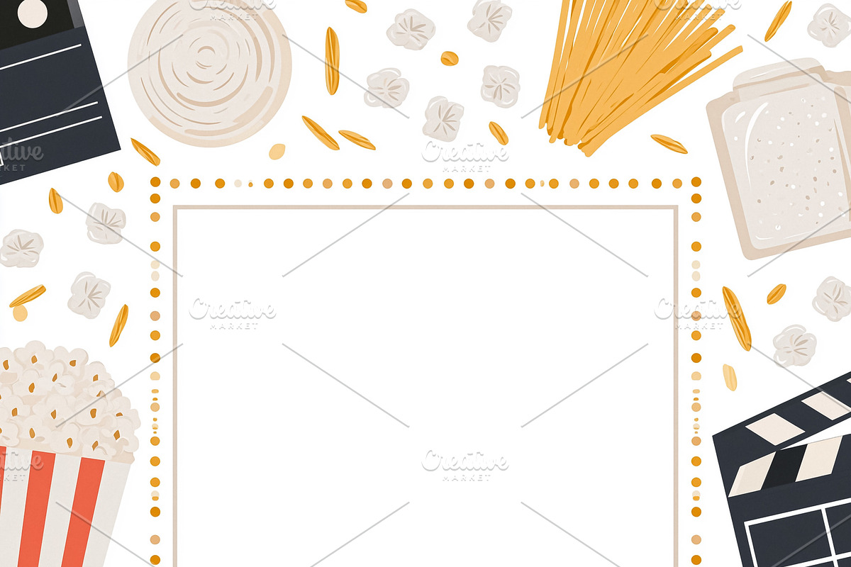Cooking ingredients and movie entertainment elements creating a, an Illustration by Studio ANNA