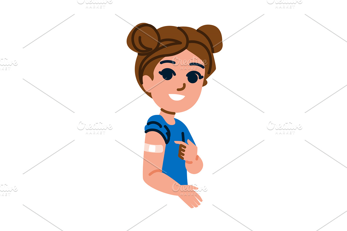 Smiling girl showing vaccinated arm, a Healthcare Illustration by pikepicture