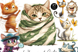 Watercolor Whimsical Cats Clipart, an Animal Illustration by Design Scotch