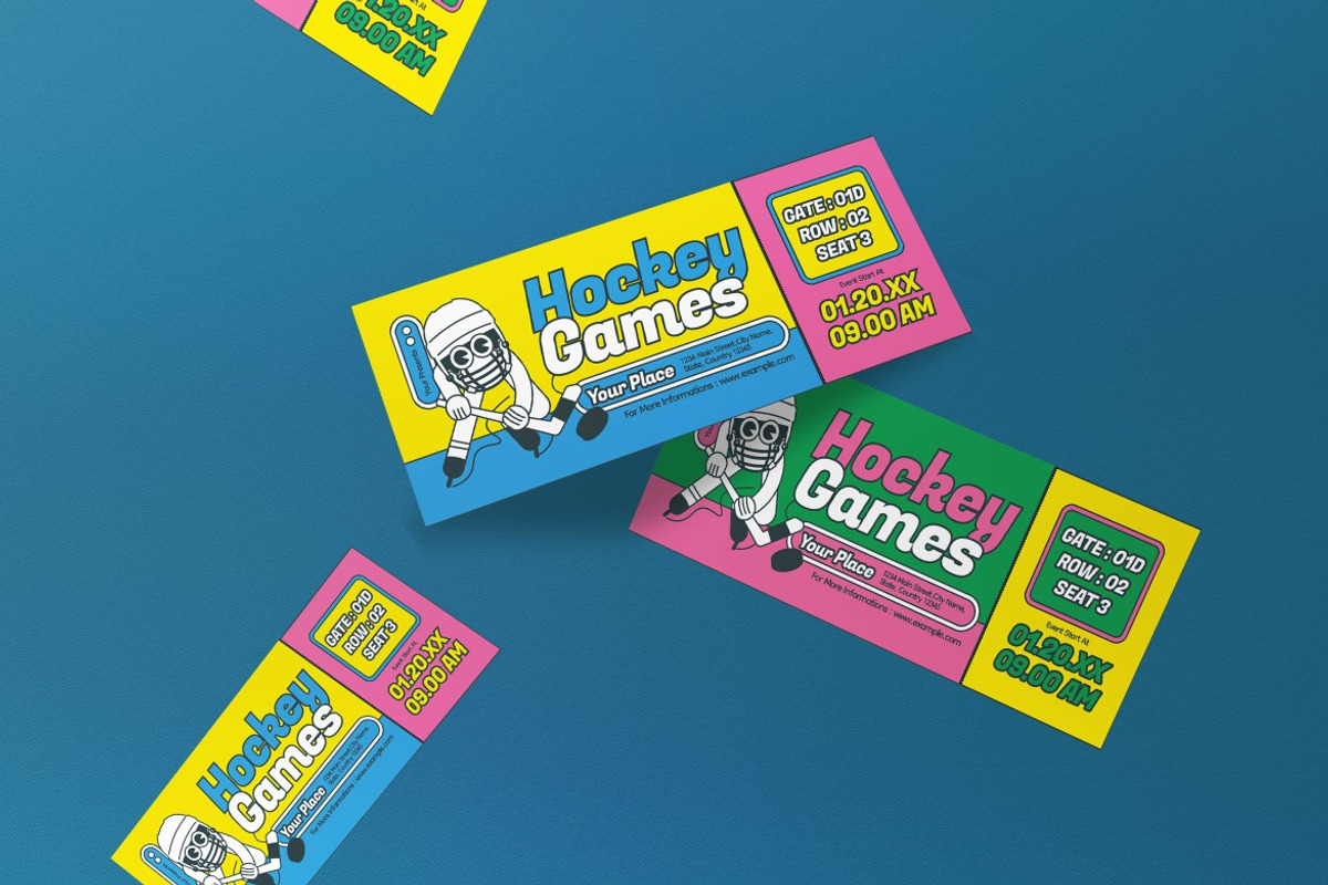 Blue Green Quirky Hockey Game Ticket, a Card Template by graphicook (Photo 3 of 3)