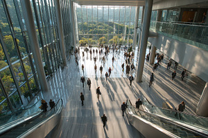 Modern building atrium people walkin, a Photo by Pixeness Studio