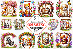 Spring Animals On Swing Clipart, an Illustration by RobertsArt