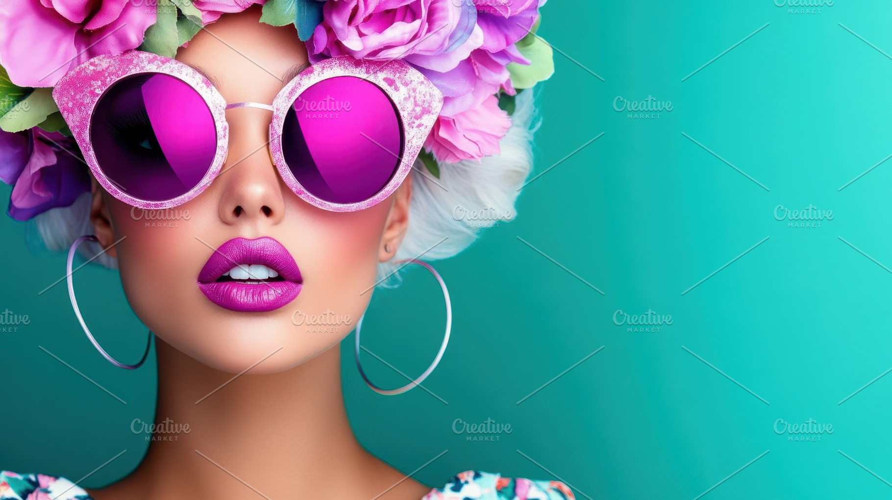 A young woman wearing pink glasses and a floral headdress poses confidently aga, a Person Photo by Mashimara