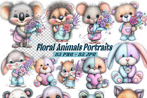 Whimsical Floral Animal Clipart Set, an Illustration by one-touch