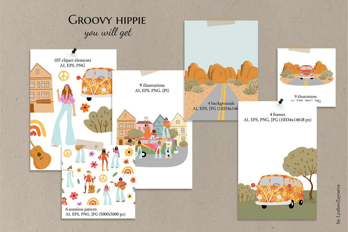 groovy hippie clipart, retro 70s set, a Person Illustration by LyubovZaytseva (Photo 2 of 23)