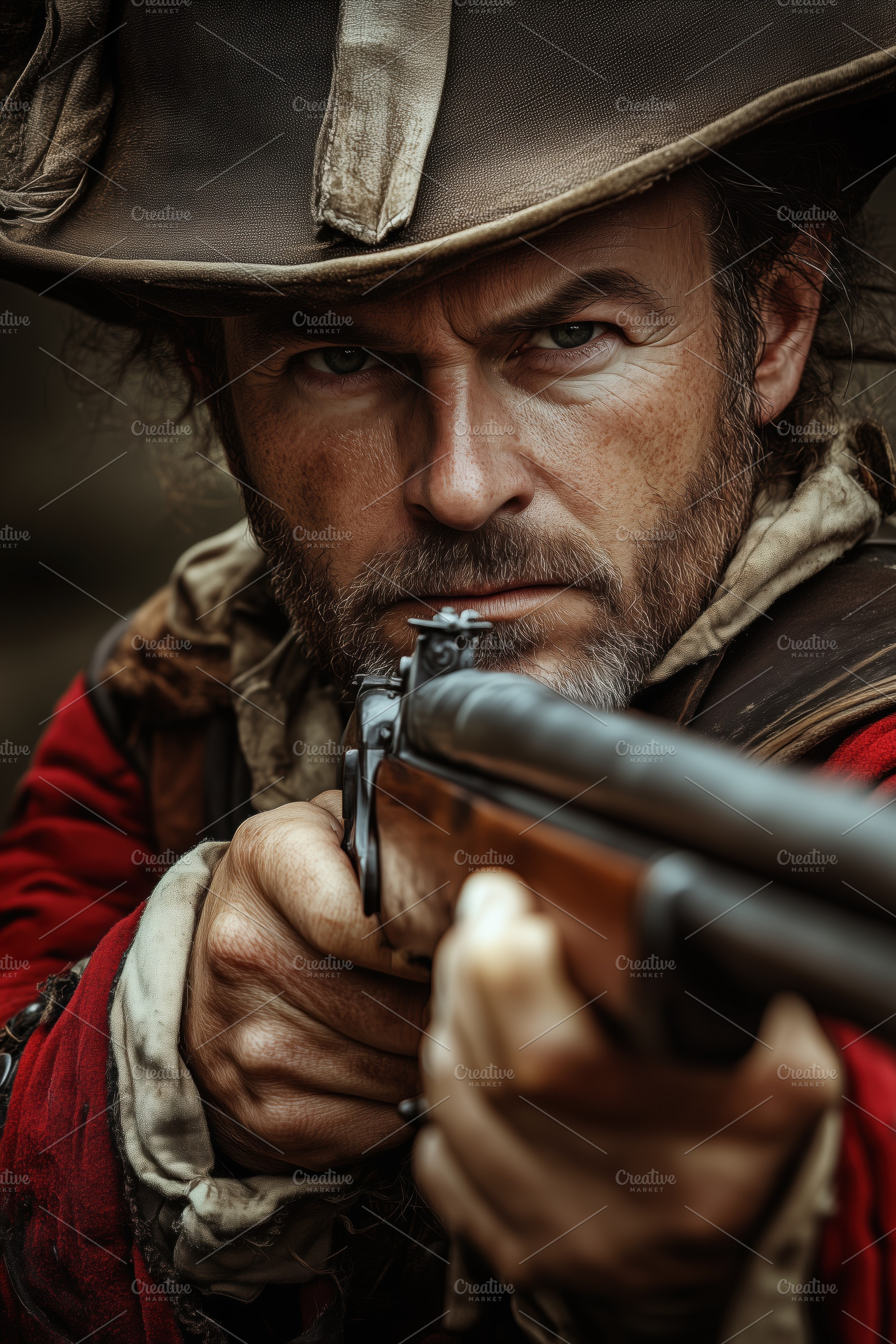A close-up of a rugged man in historical attire, aiming a rifle with intense fo, a Person Photo by Textures & Backgrounds