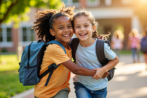 Two girls running hand in hand to school, a School & Education Photo by DanFLCreativo