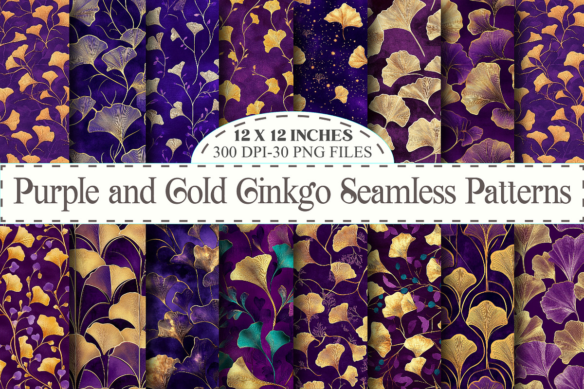 Purple and Gold Ginkgo Digital Paper, a Pattern Graphic by designcity5 (Photo 1 of 5)