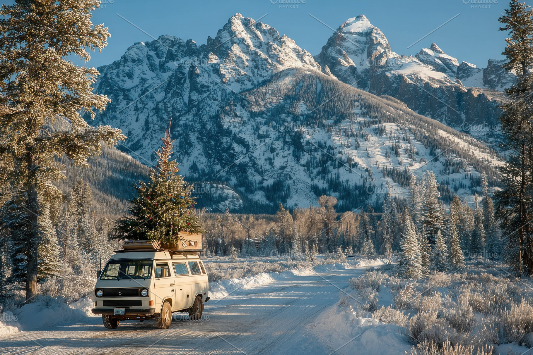 Vintage camper van carrying decorated Christmas tree on snowy mo, a Person Photo by José Manuel Gelpi