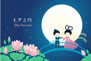 Qixi Festival lovers on bridge, moon, a Seasonal Illustration by sceptical cactus