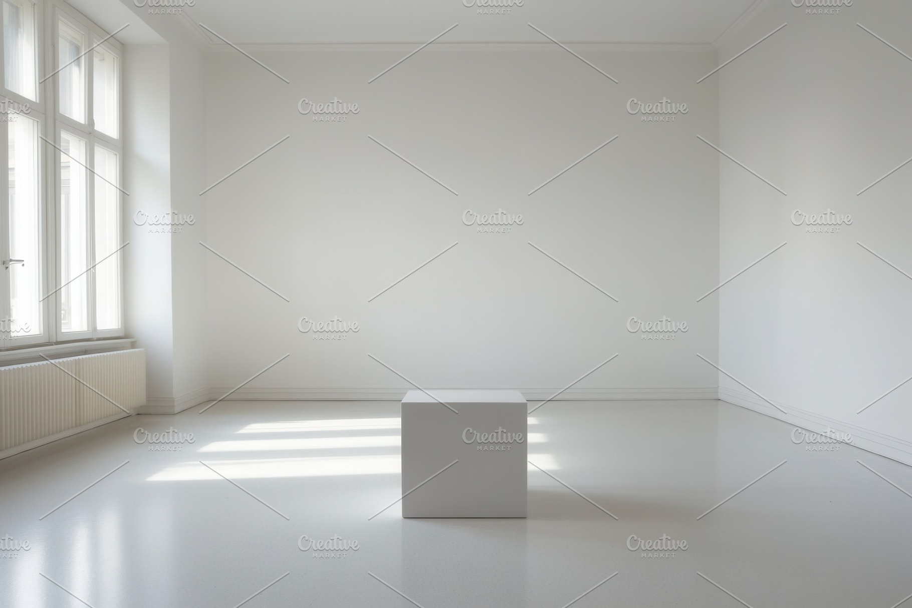 A pristine white cube in empty room, a Photo by Pavel_design