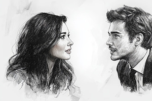Black and white drawing of two people looking at each other, an Illustration by AS photostudio