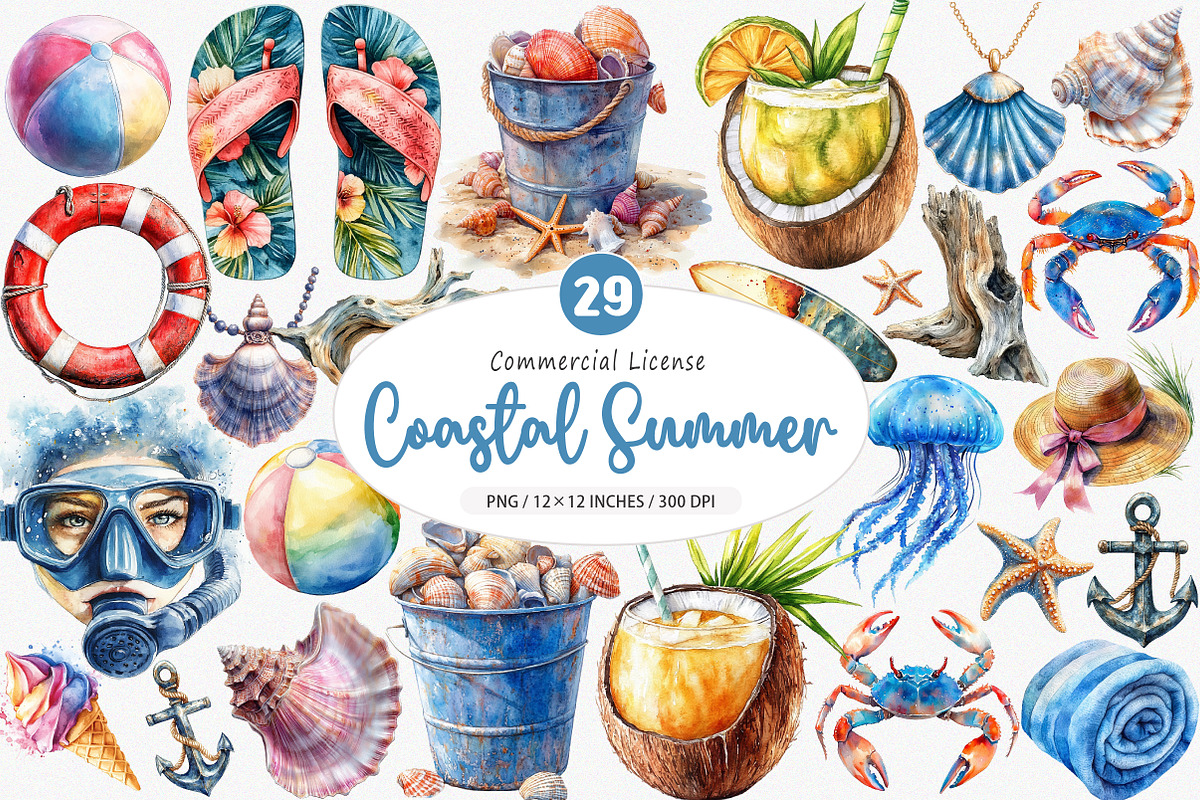 Watercolor Coastal Summer PNG, an Illustration by SinaCreation (Photo 1 of 5)