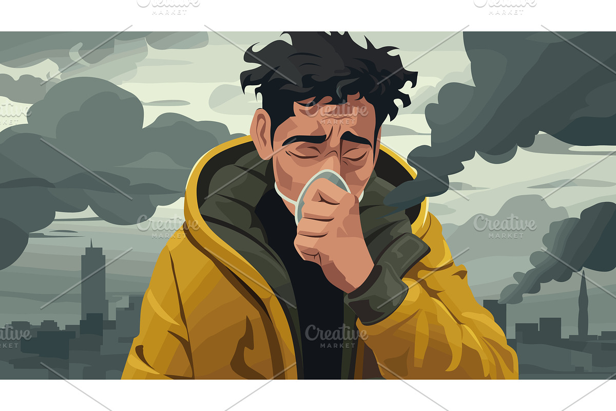 Man cough smoke. Cartoon male in, a Person Illustration by Stock-Smart-Start