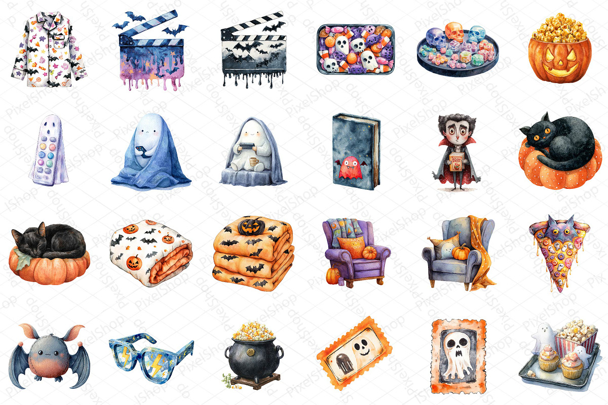 Watercolor Halloween Movie Night Cli, an Illustration by DreamPrint404 (Photo 2 of 5)