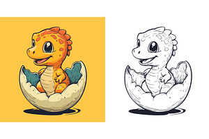 Dinosaur in an Eggshell Cartoon, an Animal Illustration by LadadikArt