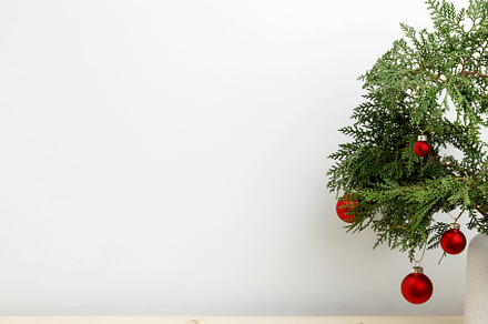 Vase with thuja branches and hanging Christmas ornaments creating a festive dis, a Photo by matucha