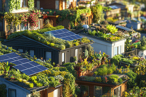 Aerial view of eco-friendly houses with green roofs and solar panels, surrounde, a Transportation Photo by Textures & Backgrounds