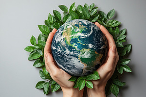Hands carefully cradling Earth with surrounding green leaves sym, a Food & Drink Photo by José Manuel Gelpi